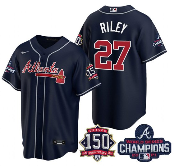 Men's Atlanta Braves #27 Austin Riley 2021 Navy World Series Champions With 150th Anniversary Patch Cool Base Stitched Jersey Men's Atlanta Braves #27 Austin Riley 2021 Navy World Series Champions With 150th Anniversary Patch Cool Base Stitched Jersey